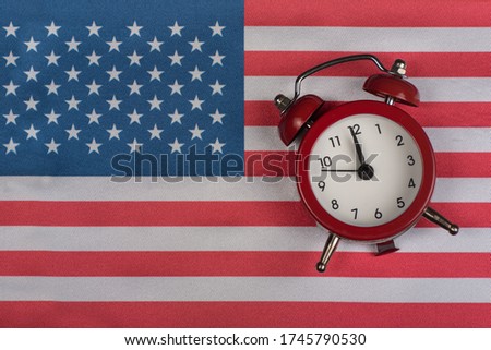 Flag USA with vintage watch close up. National flag of United States of America