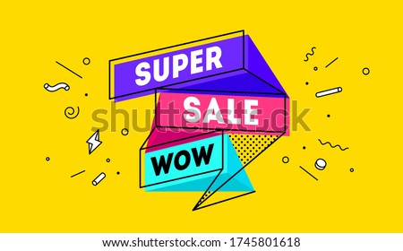 Super Sale. 3d sale banner with text Super Sale for emotion, motivation. Modern 3d colorful web template on black backdrop. Design elements for sale, discount. Vector Illustration Royalty-Free Stock Photo #1745801618