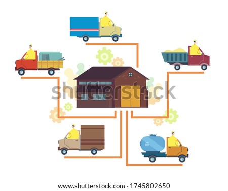 Logistics center concept. Delivery service. Loading and unloading goods, shipping. A variety of trucks are moved to and from the warehouse building. Vector flat illustration