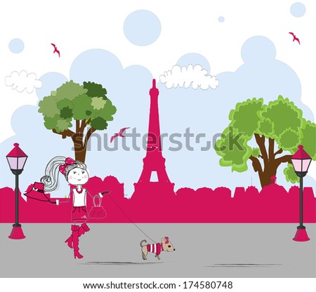 girl with cute little dog in paris. vector
