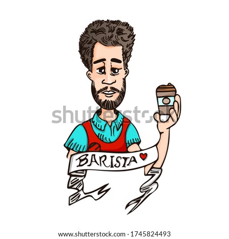 Handsome bearded barista holds a cardboard cup in his hands with coffee. Coffee concept. Restaurant concept.