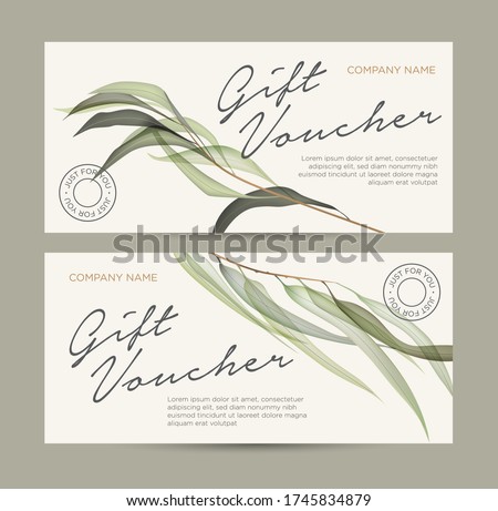 Gift card with floral decoration. Invitation card. Coupon template. Eucalyptus leaves on a light background. Background for the invitation, shop, beauty salon, spa. Royalty-Free Stock Photo #1745834879
