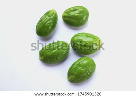 close up Fresh green Parkia speciosa seeds isolate on white background. Stink bean