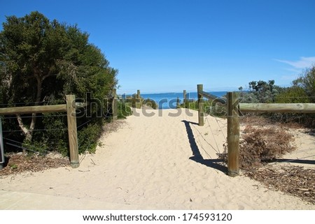 A walkway to a beach at Fremantle, Western Australia, Australia with protective fencing to protect the fauna. Royalty-Free Stock Photo #174593120