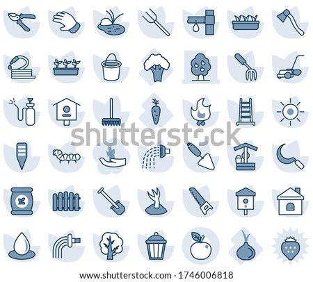 Blue tint and shade editable vector line icon set - trowel vector, garden fork, shovel, farm, fence, rake, ladder, tree, bucket, watering, sproute, pruner, glove, saw, lawn mower, fire, house, sun