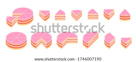 Pieces of pink cake infographics. The whole cake and its parts. Jam cream red topping jelly. Isometric view vector illustration. Royalty-Free Stock Photo #1746007190