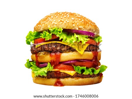 Double American beef burger with cheese, onion, tomato, salad and ketchup. Hamburger close-up isolated on a white background.