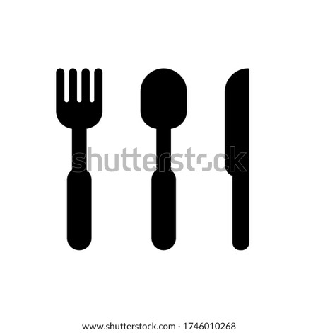 Black simple knife, fork and spoon icon. Cutlery, restaurant symbol isolated on white. Vector illustration.