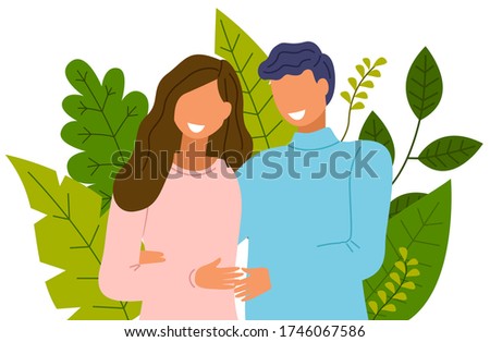 The young smiling closeup couple standing and embracing. Family and relationship. Green giant leaves of trees and bushes on the background. Happy people close-up. Flat vector illustration isolated