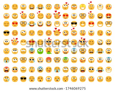 Emoticons yellow set. Smiling and sad, happy love eyes of balls, emotion circles icons, emojis with expressions funny vector illustration faces isolated on white background Royalty-Free Stock Photo #1746069275