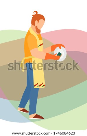 A man with red hair washes a plate. Homework - cleaning dishes from dirt. The concept of gender equality. An independent man busy cleaning dishes. Abstract colorful background.