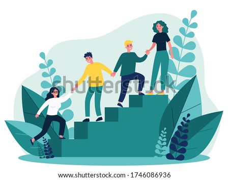 Happy young employees giving support and help each other flat vector illustration. Business team working together for success and growing. Corporate relations and cooperation concept. Royalty-Free Stock Photo #1746086936