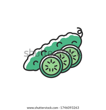 Cucumber green RGB color icon. Fresh vegetable with sliced pieces. Whole veggie with vitamin. Fitness dieting. Foodstuff from grocery store. Vegan salad ingredient. Isolated vector illustration