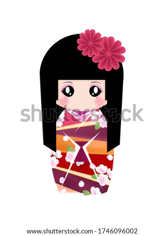 Hand drawn vintage cute Japanese girl wearing flower kimono vector illustration, kokeshi doll, Japanese doll, traditional Asian oriental style, hina matsuri