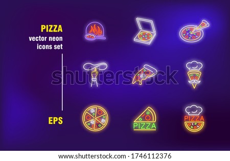 Pizza neon signs set. Italian cuisine, restaurant, melting cheese, takeaway, fireplace. Night bright advertising. Vector illustration in neon style for festive banners, posters, flyers design