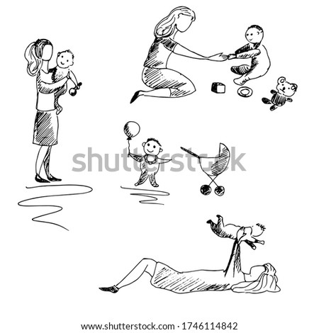 Mother with baby in various poses. Vector illustration, sketch.
