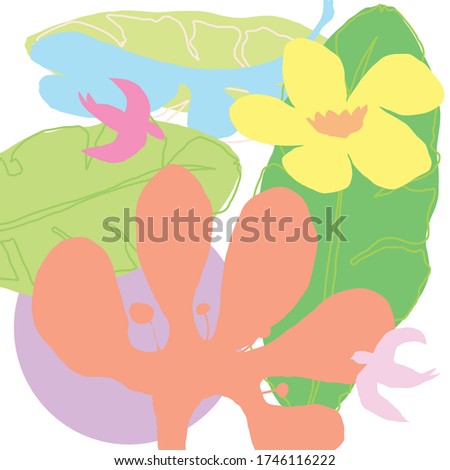 Abstract colourful lovely flowers , birds and leaves pattern background. Creative cute floral hand drawn and doodles for your design.