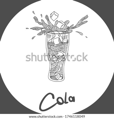 cola in a glass with ice sketch doodle drawing. picture illustration