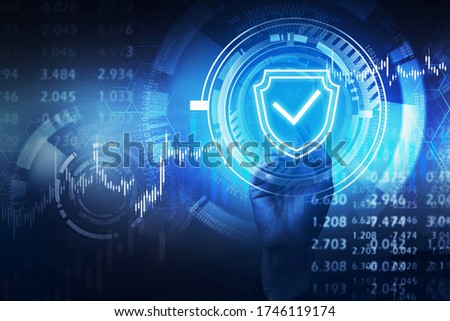 Hand of businesswoman using immersive HUD cyber security interface over blurry dark blue background. Concept of data protection. Toned image double exposure