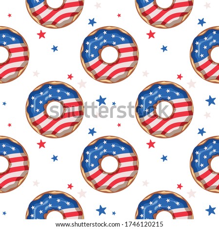 Seamless pattern with donuts on a white background. Glazed donut with the flag of the USA. Independence Day. Vector illustration.