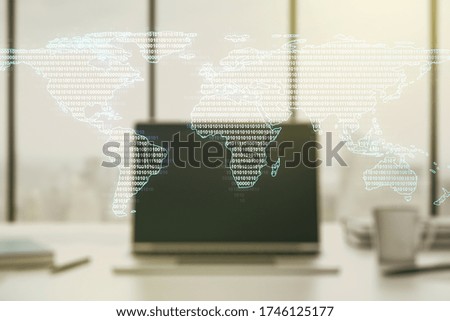 Multi exposure of abstract creative digital world map on modern laptop background, tourism and traveling concept concept