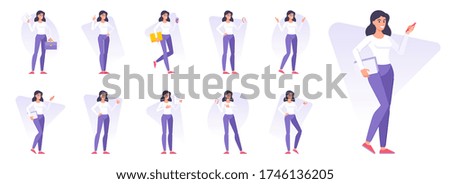 Set of modern women working on project vector illustrations. Flat cartoon character female managers with various objects doing various creative activities during work in office