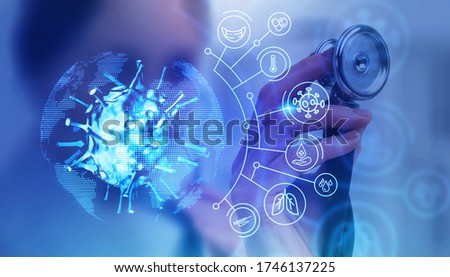 Hand of woman doctor with stethoscope in blurry office with double exposure of covid 19 coronavirus treatment interface. Concept of 2019 ncov vaccine and treatment. Toned image