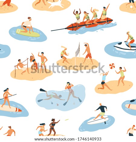 Diverse people enjoying summer outdoor activity seamless pattern. Happy man and woman having leisure at beach, in sea or ocean vector flat illustration. Person resting, doing sports and having fun