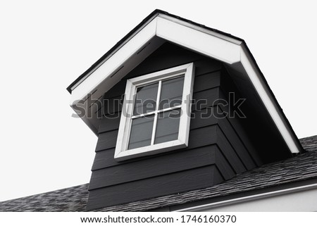 The roof of the house is gray and has beautiful exterior windows , di cut , white background.