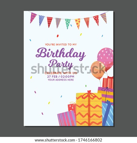 Birthday party invitation card template with balloon, gift box and confetti