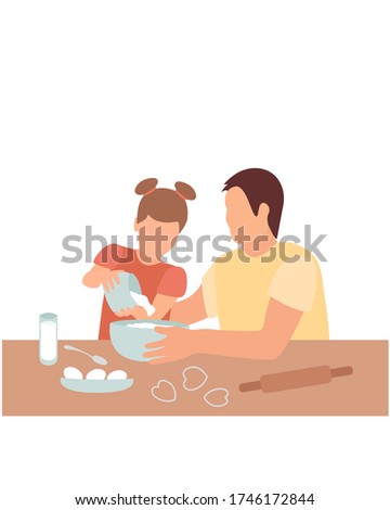 male dad and baby daughter are preparing cookies. flat vector illustration, front view. father's day