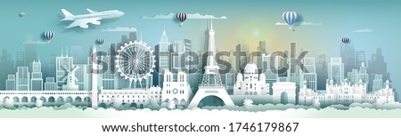 Travel to France famous landmarks of the world with cityscape background,Tourism panorama view to beauty culture, Vector illustration for presentation, Paper cut style for travel poster and postcard.