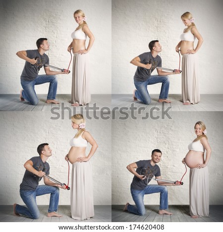 Humorous pregnancy stages collage of young caucasian woman and her husband, holding a pump in hands and creating impact that the abdomen is inflated.
