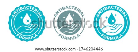 Antibacterial hand gel icon, vector shield logo, anti bacterial antiseptic hand wash. Covid coronavirus clean hygiene label, medical antibacterial alcohol sanitizer protection, antiviral shield Royalty-Free Stock Photo #1746204446