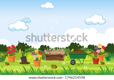 Background scene with gardening tools in the garden illustration