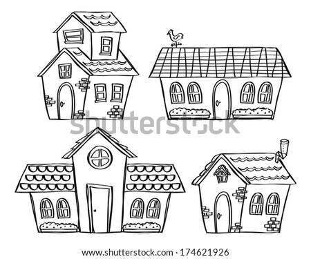 set of house and building in doodle style