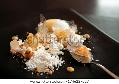 Deconstructed dessert fine dining style in European restaurant close up details Royalty-Free Stock Photo #1746227027