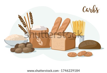 Carbs Food: bakery products, potatoes, pasta, flour and rice isolated on white. 
 Royalty-Free Stock Photo #1746229184