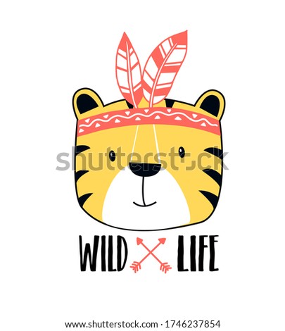 Cute of the wild slogan and tiger vector illustration.