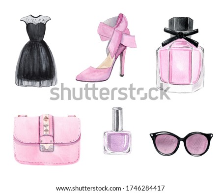 watercolor pink fashion accessories set isolated on white background. Shoes, perfume, dress, bag, sunglasses, polish clipart. For planner stickers, textile prints, DIY projects
