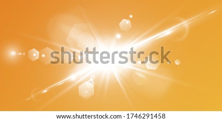Abstract sparkling lens flare with sparkling sun on a yellow and orange background.
A warm sun that is filled with natural rays of light glare.  Isolated vector illustration.