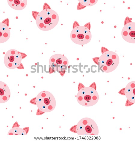 Vector flat animals colorful illustration for kids. Seamless pattern with cute pig face on white polka dots background. Adorable cartoon character. Design for textures, card, poster, fabric, textile.