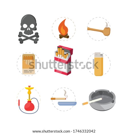 Smoking icon flat set with lighter tobacco pipe cigarette lighter, fire, death, shisha