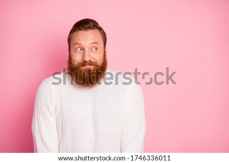 Portrait of shy modest attractive guy want meet communicate with group of cool people shrug shoulders look inspired copyspace wear fall jumper isolated over pastel color background Royalty-Free Stock Photo #1746336011