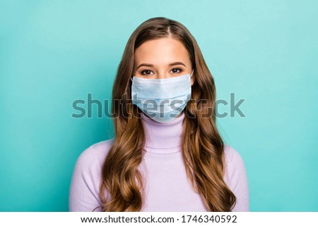 Close-up portrait of her she pretty wavy-haired lady long perfect hairstyle wearing mask stop sars respiratory virus isolated bright vivid shine vibrant teal turquoise green color background Royalty-Free Stock Photo #1746340592