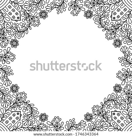 Vector frame with flowers, leaves,  berries and houses. Doodle flowers frame for your greeting design. Decorative hand drawn pattern. Black and white colors. Isolated.