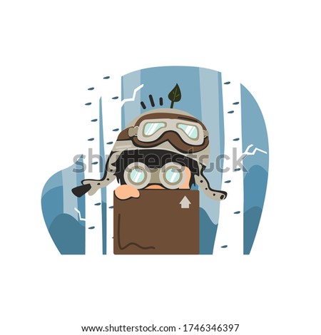 Vector illustration of little boy wearing helmet and cardboard. Curious little kid looking through binoculars. kids in pilot costumes, adorable kids play with cardboard. Cartoon isolated icons vector