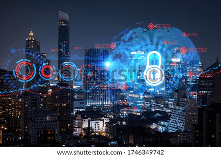 Glowing Padlock hologram, night panoramic city view of Bangkok, Asia. The concept of cyber security to protect companies. Double exposure.