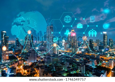 Research and technological development glowing icons. Night panoramic city view of Bangkok. Concept of innovative activities expanding new services or products in Asia. Double exposure. Royalty-Free Stock Photo #1746349757
