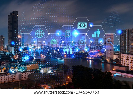 Research and technological development glowing icons. Night panoramic city view of Bangkok. Concept of innovative activities expanding new services or products in Asia. Double exposure.